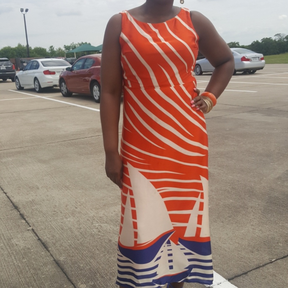 Sleeveless orang cream and blue midi dress